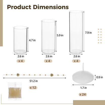 OMISTAR 12 Set Floating Candle Vases for Centerpieces - Including 3 Sizes Cylinder Vases, Floating Candles, Golden Beaded Lines, and Absorbent Beads for Wedding, Party, Home Decoration