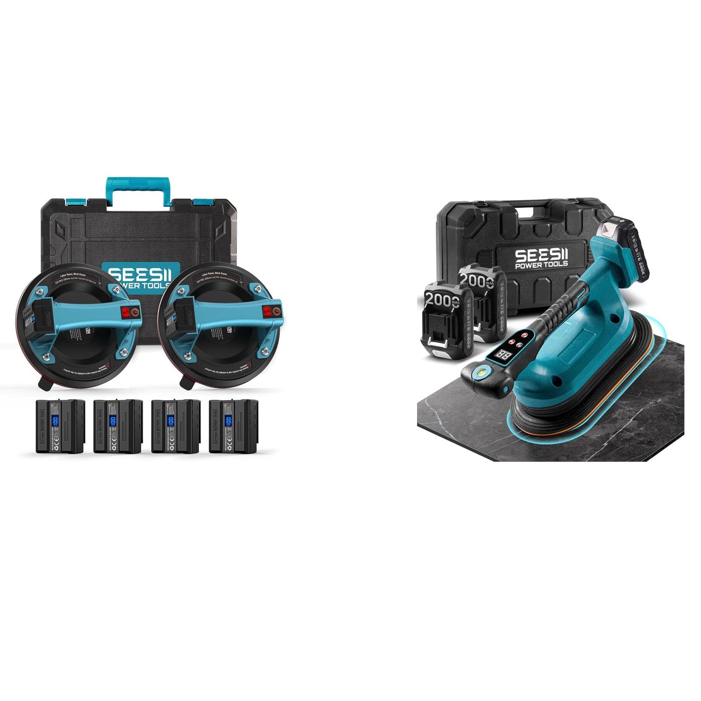 SEESII Electric Suction Cups (600LBS Auto-Start) + 2-in-1 Electric Suction & Vibration Tool Bundle – Dual Electric Suction System for Professional Tile Installation