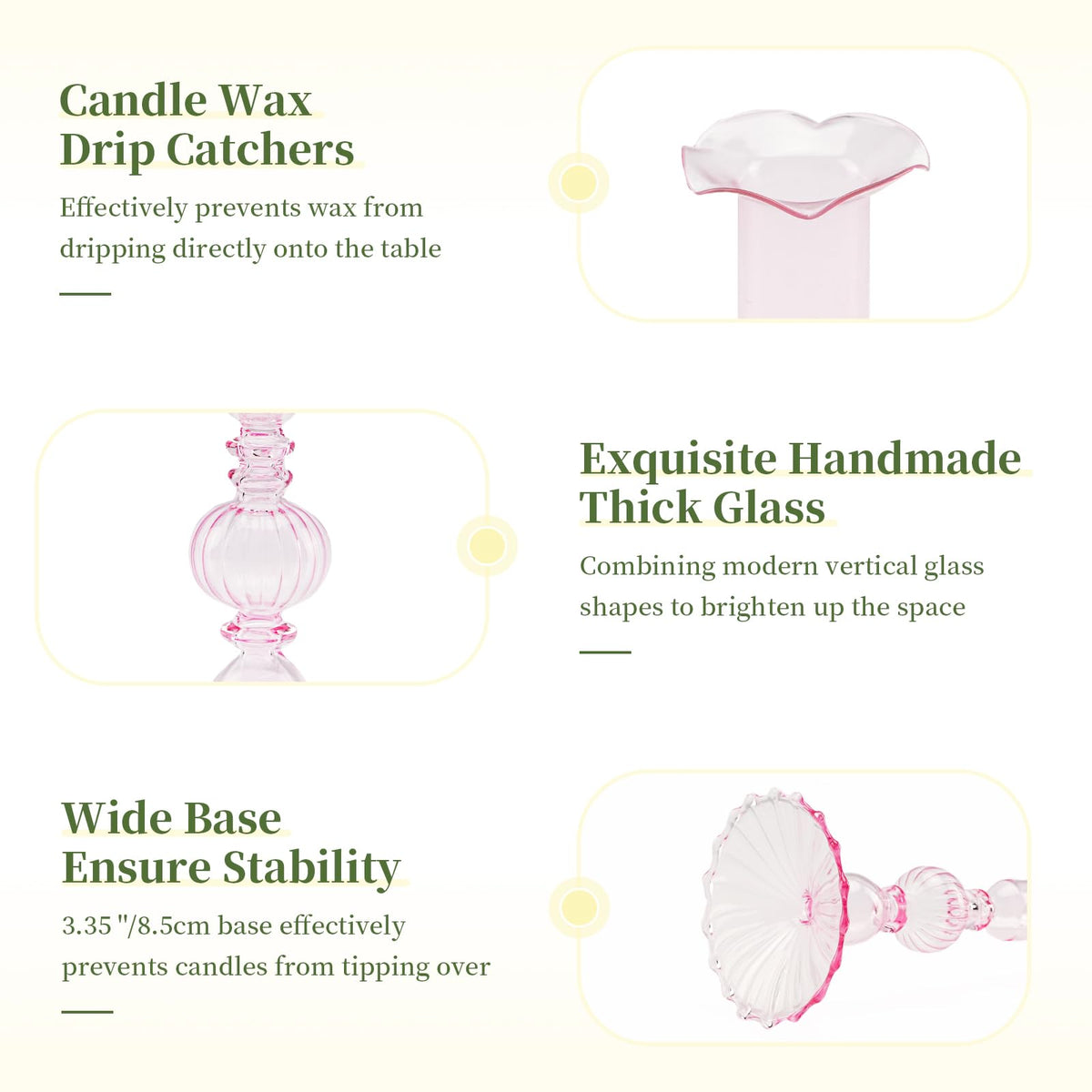 Glasseam Tapered Candlestick Holders Pink: Set of 3 Glass Candle Sticks Holder Decor with Bobeche Modern Ribbed Taper Candle Holders for Table Centerpiece Valentines Wedding Home Decorations