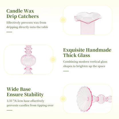 Glasseam Tapered Candlestick Holders Pink: Set of 3 Glass Candle Sticks Holder Decor with Bobeche Modern Ribbed Taper Candle Holders for Table Centerpiece Valentines Wedding Home Decorations