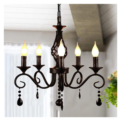 LED Metal Chandeliers 5 Lights Black Crystal Candle Chandelier Industrial Vintage Lighting Fixture Hanging Lamp,Comfortable Lighting