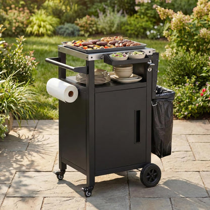 Dfchlda 33.9" Outdoor Grill Cart with Stainless Steel Top, Foldable Table, Storage Cabinet, Pizza Oven Table on Wheels, Hooks & Spice Rack for BBQ, Waterproof Cover Included, Black