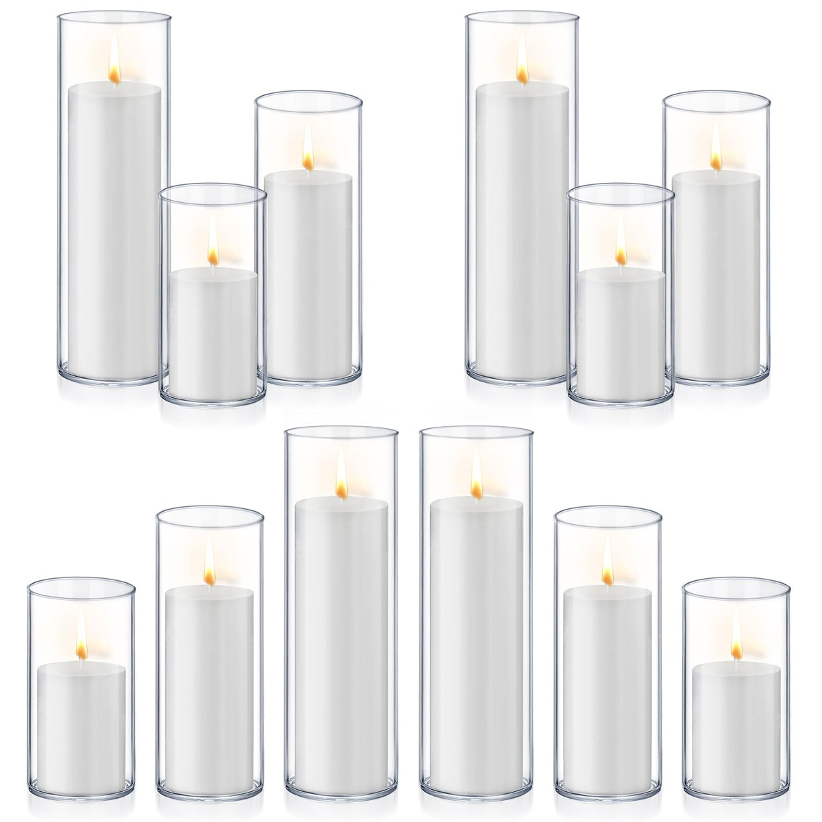 Homjoy 24 PCS White Pillar Candles with Glass Candle Holders Clear Hurricane Candle Holders Glass Cylinder Vases for Centerpieces Wedding Party, Event, Home Office (12 Candles+12 Candle Hoders)