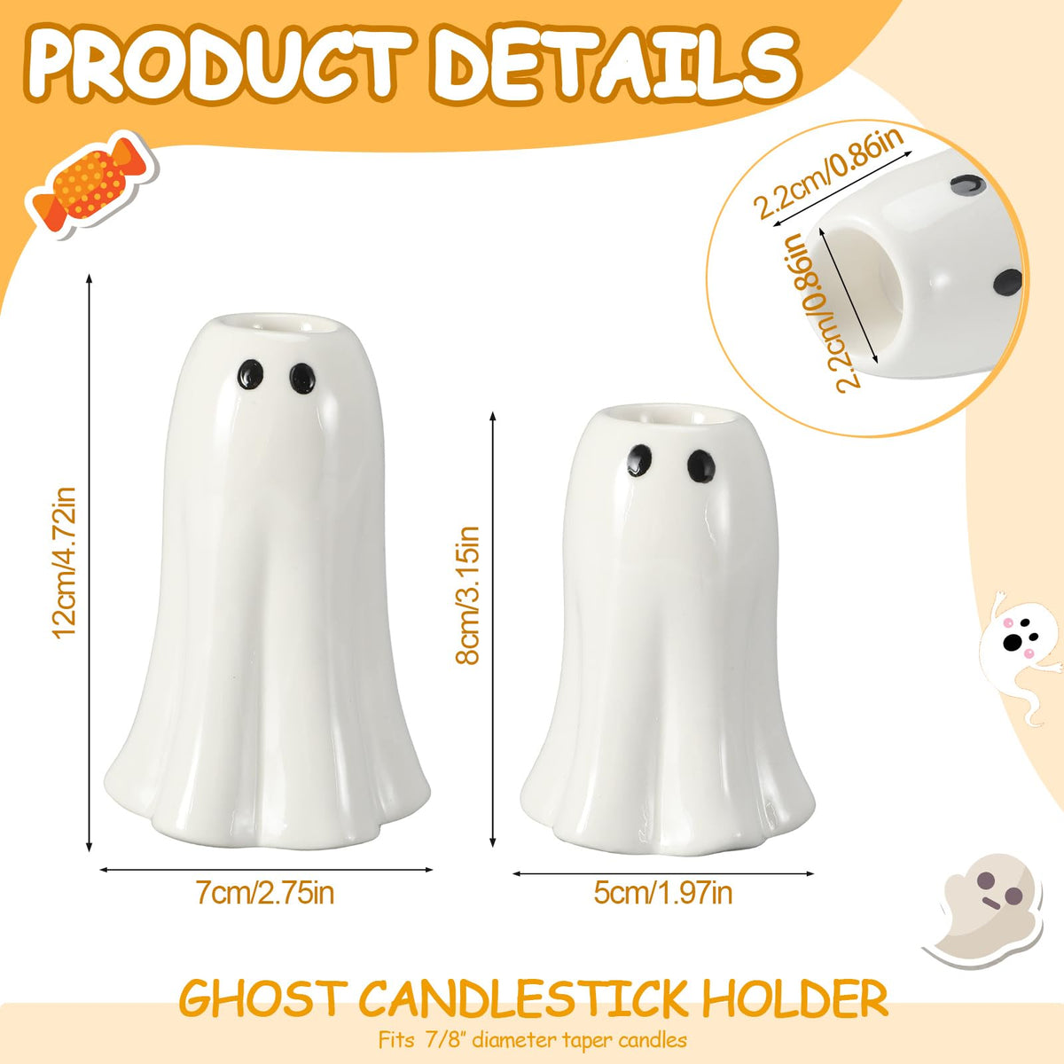 Reallnaive 2 Pcs Halloween Ghost Candlestick Holders Cute Ghost Shape Candle Stick Holders Halloween Ceramic Taper Candleholder for Wedding Party Holiday Office Home Gift Decorative Table Centerpiece