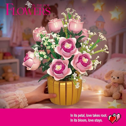 39151 Eternal Pink Rose Building Blocks Flower Set 1056 Pieces of Floral and Plant Series Block Sets Adult Creative Enthusiast Model Gifts and Collectibles Can be Used for Room Decoration