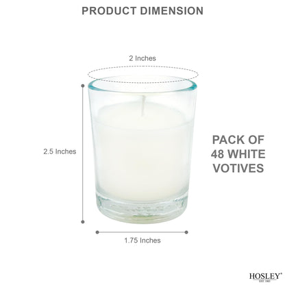 Hosley 48 Pack White Unscented Votive Candles, Clear Glass, Hand-Poured Wax, Bulk Wedding & Party Candles for Gifts, Tables, Aromatherapy & Holidays Party Weddings Birthdays (White)