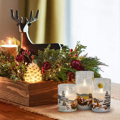 Eldnacele Santa Claus Glass Flameless Candle with Remote Timer Battery Operated Flickering LED Pillar Candles 3 Pack Warm White Light Christmas Decal Candles Set of 3 (D3” x H 4” 5” 6”) – Santa Sleigh