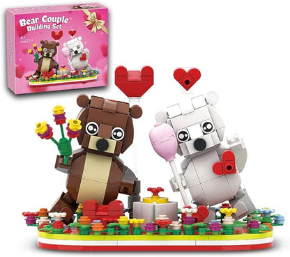 Valentines Brown and White Dancing Bear Couple Building Blocks Set Toy Valentine‘s Day Love Heart Ornament Gift Toy School Classroom Gift Exchange for Kids (Valentines Bears Set)
