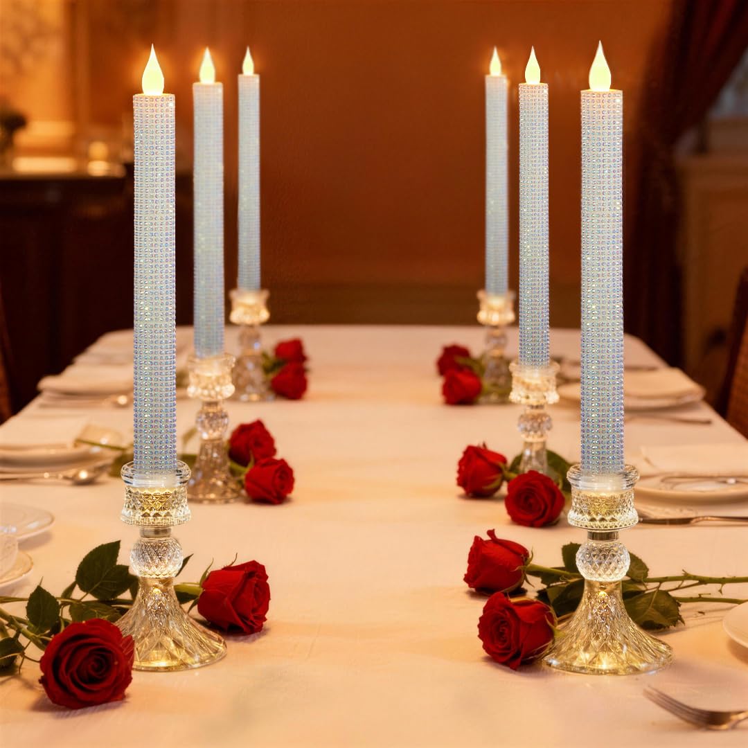 MISSTIME Flameless Taper Candles with Illuminated Glass Candle Holder, Remote Timer 2AA Battery Operated for Thanksgiving/Xmas Decor, Wedding Centerpiece (Crystallized-Brilliant, 6 Pack)