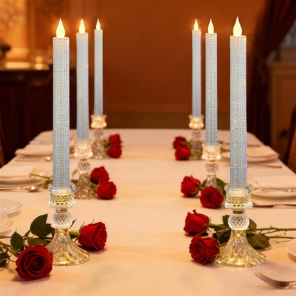 MISSTIME Flameless Taper Candles with Illuminated Glass Candle Holder, Remote Timer 2AA Battery Operated for Thanksgiving/Xmas Decor, Wedding Centerpiece (Crystallized-Brilliant, 6 Pack)