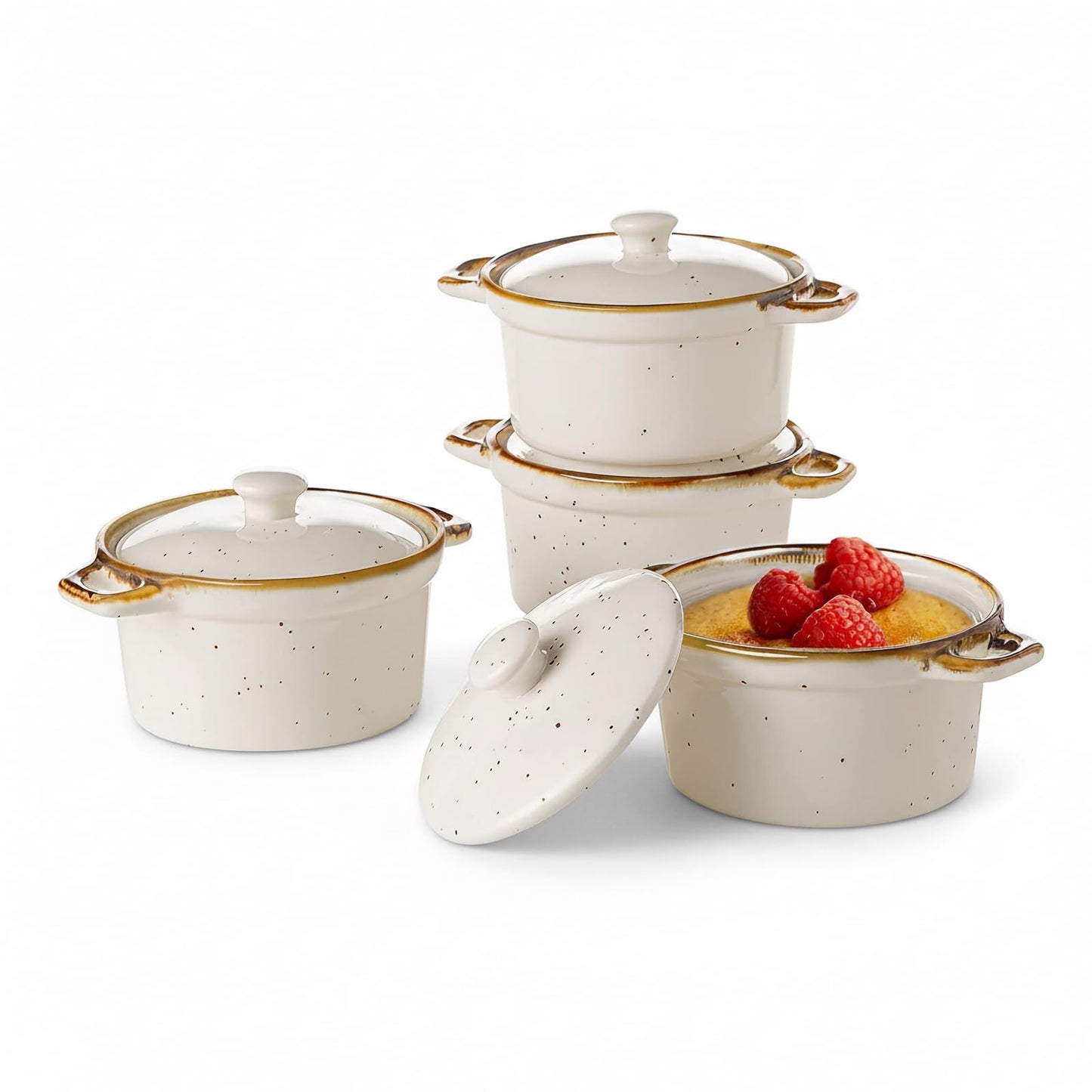 ONEMORE Mini Cocotte Set of 4, 6 oz Ceramic Ramekins with Lids and Handles, Small Casserole Dishes for Oven, Mini Dutch Oven for French Onion Soup, Souffle and Baking, Microwave & Dishwasher Safe, Creamy White