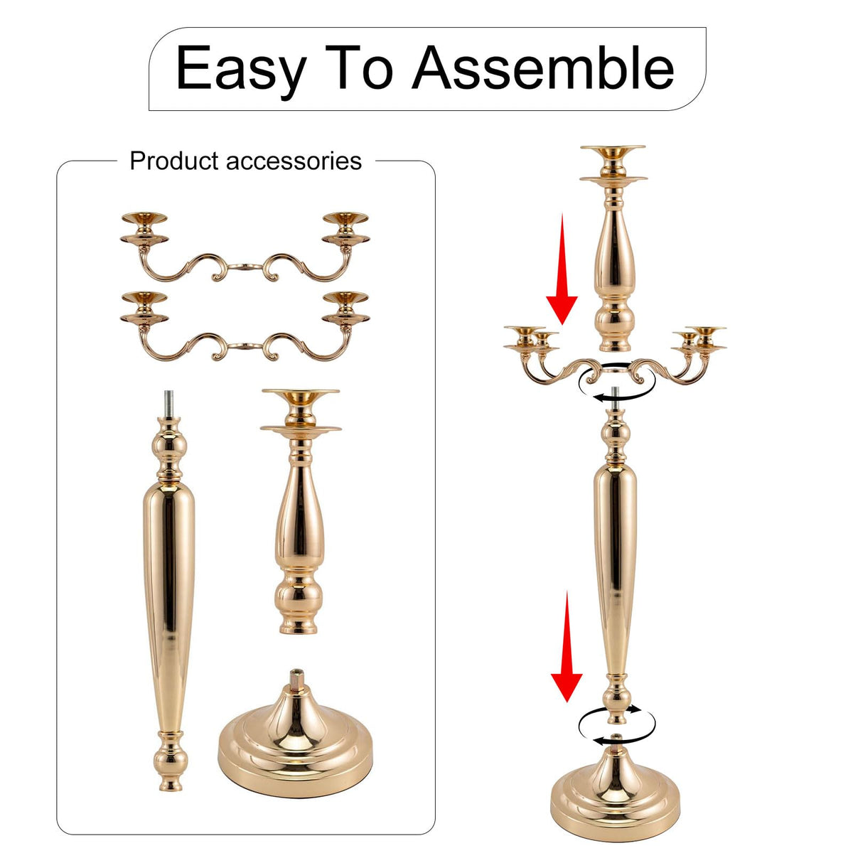 Vincidern 28'' Tall Gold 5 Arm Candelabra Centerpieces for Table, 4pcs Taper Candle Holder for Wedding Decoration, Party, Event, Christmas Candelabra