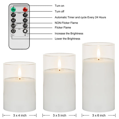 ANGELLOONG Glass Flameless Candles with Remote, White Battery Operated Candles with Timer, Electric Fake LED Candles for Bedroom Farmhouse Bathroom Coffee Table Decor, Clear