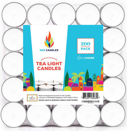 Ner Candles White Unscented Tea Lights- Smokeless, Drip Less, Long Lasting Flames- Center Pieces for Dinners and Events- European Wax Flame- Bulk Pack (200 Candles)