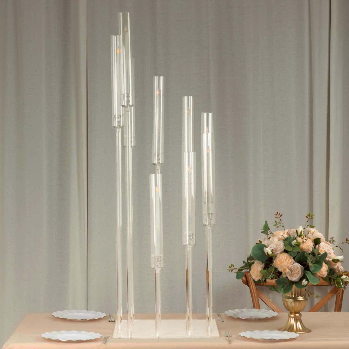 Efavormart 9 Arm Clear Acrylic Cluster Taper Candle Holder Candelabra, Pillar Candle Stick Stand with Square Base - 4ft Tall