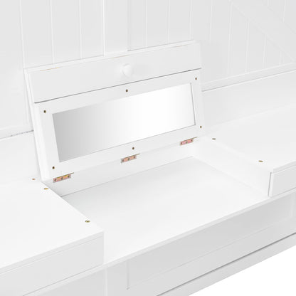 DNYN Murphy Bed with Vanity Desk and Center Mirror for Bedroom/Guest Room, Space-Saving Queen Size Foldable Wall Bed Frame with 2 Side Storage Drawers, No Box Spring Needed