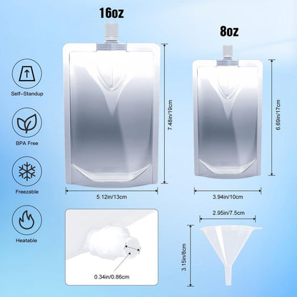 Cloudslucky 16OZ 50PCS Drink Pouches,Reusable Plastic Flask with Funnel for Drinking Liquid Juice,Stand Up Drink Bags for Travel Camping Outdoor Sport Concert Events,Leak-Proof Food Grade