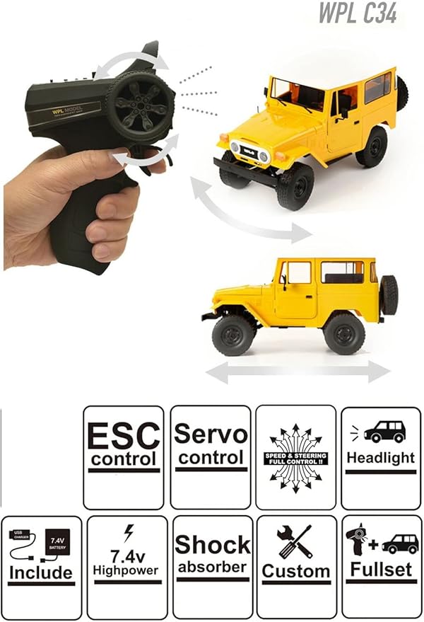 YIKESHU RC Truck Remote Control Truck 2.4Ghz 1/16 RC Crawler All Terrain Car RC Rock Crawler 4x4 WPL C34 RTR Mudding ull Scale Off Road RC Cars Realistic Vehicle Hobby RTR RC Trucks for Adult