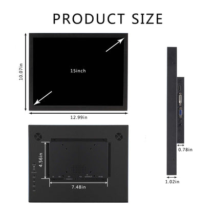 VSDISPLAY 15 Inch 1024x768 IPS LCD Monitor 4:3 Aspect Ratio Display with Metal Housing,Supports VGA/DVI Input,for Industrial/Gaming Extra Monitor