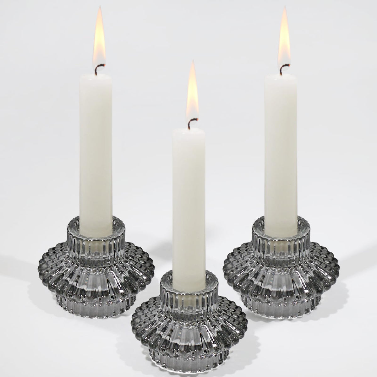 CHOCSTAY Reversible Candlestick Holders Set of 3, Gray Glass Taper and Tealight Candle Holders for Table Centerpiece, Wedding, Party, Home Decor