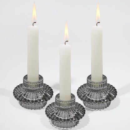 CHOCSTAY Reversible Candlestick Holders Set of 3, Gray Glass Taper and Tealight Candle Holders for Table Centerpiece, Wedding, Party, Home Decor