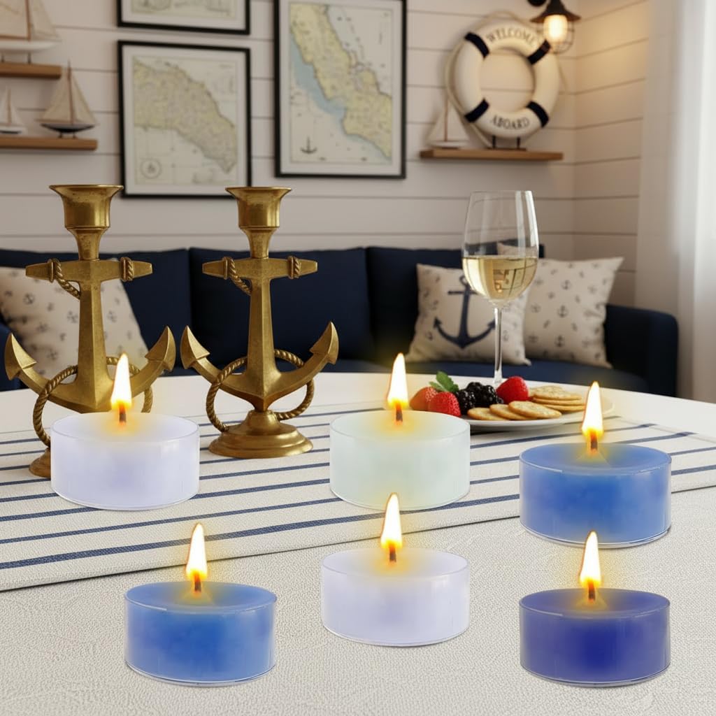 Sea Salt Scented Tea Light Candles 12 Pack Gradient Blue Hand Poured Smokeless 4 Hours Clean Burning Small Round Clear Cup Tealight Candles for Nautical Dinner Wedding Spa Yoga Meditation Cozy Evening