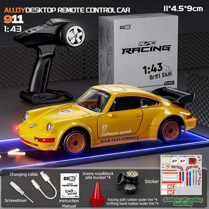 911 Series RC Drift Car 1:43 Scale Mini Model with Alloy Build – Door-Opening Function Gyro Auto Calibration LED Underglow for Hobbyists &amp Collectors（Yellow）