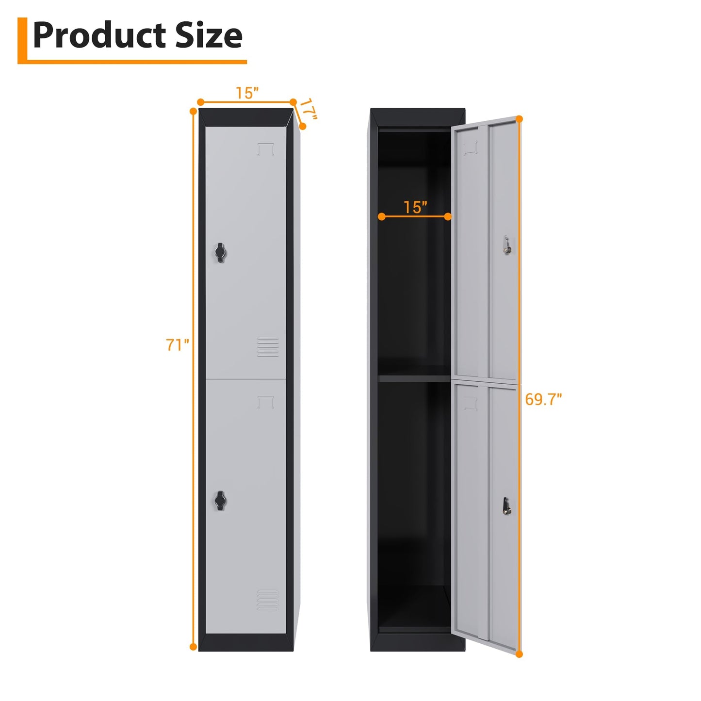 GAOMON 2 Door Tall Metal Locker with Key Employee Metal Locker, Lockable Heavy Duty Steel Employee Locker for Schools, Gyms, Homes, Offices, Utility Rooms, Grey and Black