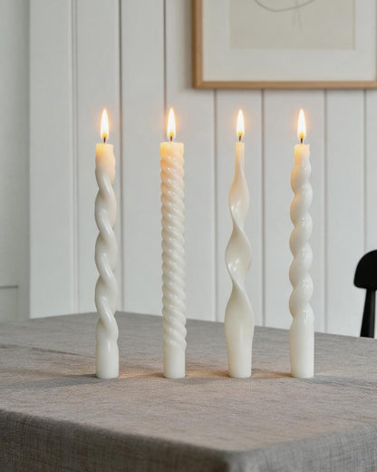 10 Inch White Taper Candles-Spiral Tapered Candle Smokeless Candlestick Long Slow Burning 8 Hours Tall Sticks for Christmas Wedding Dinner Parties-4Pack