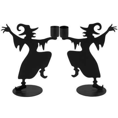 Primitives by Kathy Decorative Candle Holder Set, from Our Halloween Collection, Feature Matching Metal Cutout Designs of Dancing Witches in Matte Black with Holder on Their Hand