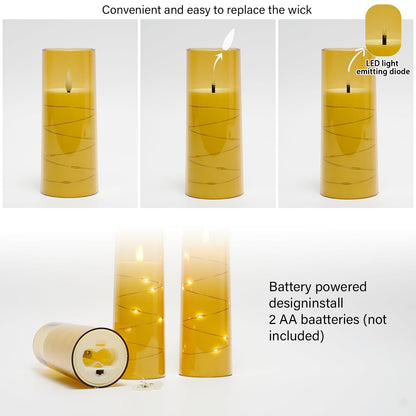 kakoya Flameless LED Candles with Timer 9 Pc Flickering Flameless Candles for Romantic Ambiance and Home Decoration Stable Acrylic Shell,with Embedded Star String，Battery Operated Candles（Gold）