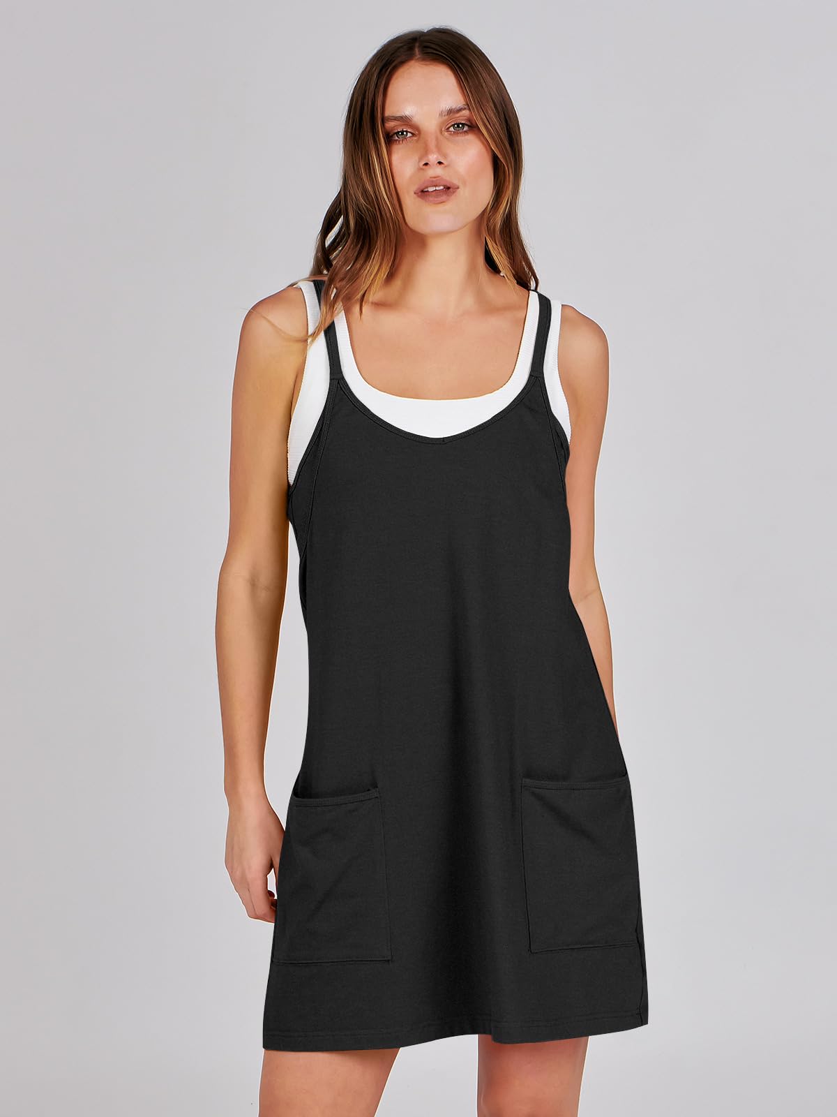 ANRABESS Women Athletic Dress Summer Tennis Workout Active Sports Mini Romper Dress Built in Shorts Travel Vacation Clothes Black Medium