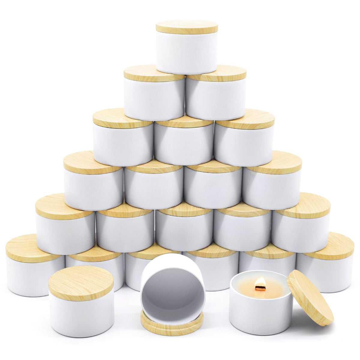 YJHSS 24-Pack 8oz Candle Tins with Wood-Grain Printing Lids, Metal Candle Jars for Candle Making, Empty Containers Vessels Bulk for Small Business & Beginners DIY Storage -Wood White
