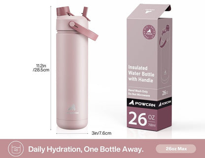 POWCAN 26 oz Insulated Water Bottle with 2-in-1 Straw and Spout Lid, Keep Cold 24H, Leak-Proof, Fits in Car Cup Holder, Stainless Steel Water Bottle for Sports, Travel, Gym, and School (Dried Rose)