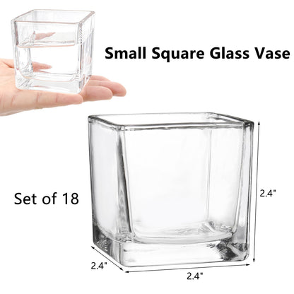 ZEAYEA Set of 18 Small Square Glass Vase, 2.4" x 2.4" Clear Cube Vase for Wedding Centerpieces Home Party Decoration, Square Glass Votive Candle Holder