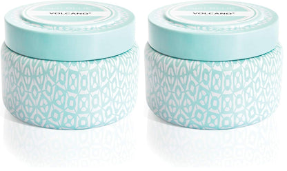 Capri Blue Volcano Printed Travel Tin Jar Candle - Luxury Candle with a Long Lasting Soy Wax Blend - Scented with Tropical & Fruity Fragrance (Aqua Color, 8.5 oz) (Pack of 2)