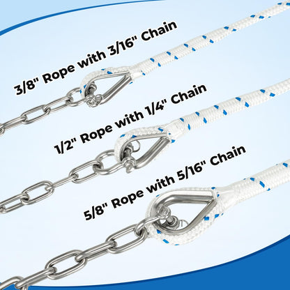 FUCNEN 5/8" Boat Anchor Rope 200 FT with 316 Stainless Steel Anchor Chain 5/16" x 10 FT, 5/16" Bow Shackles and 5/8" Thimble, Anchor Rode for Mooring, Boats Pontoon, Deck, Fishing, Sail