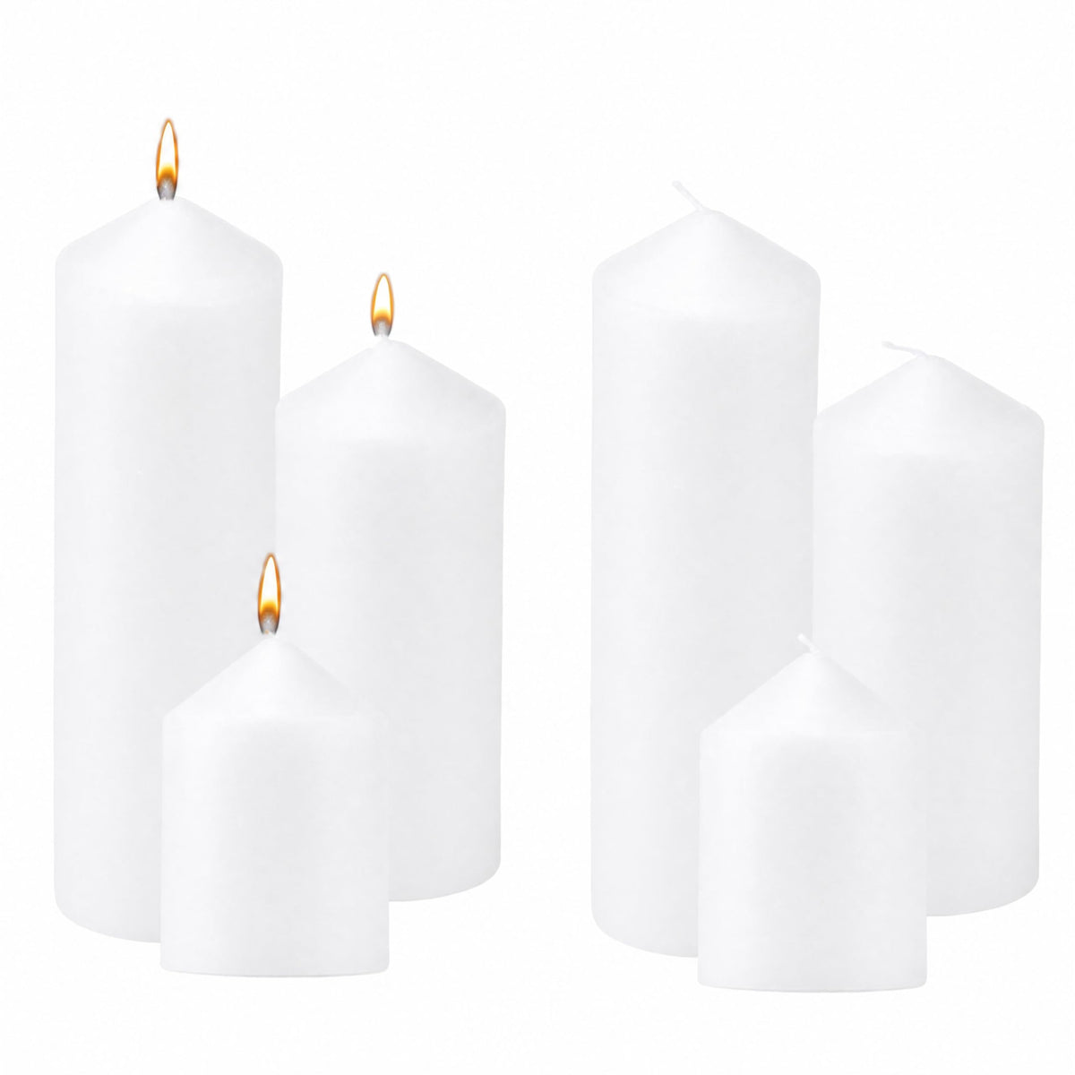 6 Pcs Individually Wrapped Pillar Candles Bulk, 2x3 2x6 2x8 Inch, Unscented Dripless Smokeless, Hurricane Candles for Wedding Party, Spa, Home Decor (6 White Pointed-tip, 2 x 3/6/8 Inch)