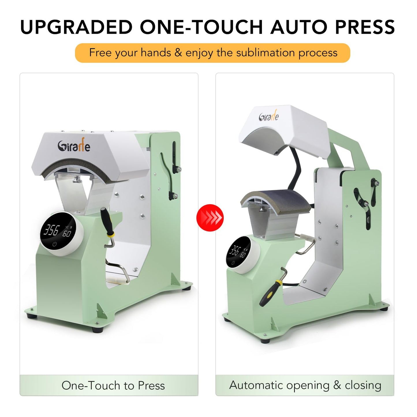 Giraffe Auto Hat Heat Press Machine, Automatic Hat Press Heat Machine for Caps T-Shirts Bags, DIY Sublimation Hat Press Cap Press Auto Open & Release & Digital Press Knob-Style Control Panel (Green)