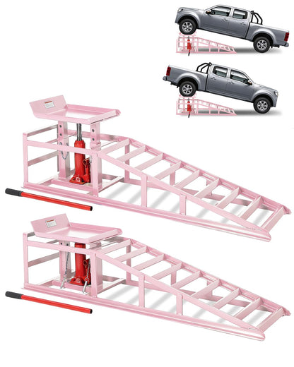 Hydraulic Car Ramps 2 Pack, 11000 LBS/5T Heavy Duty Steel Auto Service Ramps, Repair & Maintenance, 9.4"-13.34" High Lift for Truck, Vehicle, SUV, Garage, Oil Changes, Pink