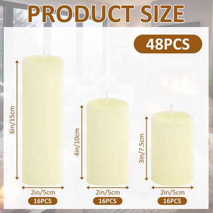 CHICERA 48-Pack Ivory Pillar Candles Bulk Set - 2x3, 2x4, 2x6 Inch Unscented Dripless Pillar Candles for Weddings, Home Decor & Centerpieces - Clean Burning Smokeless Decorative Candles