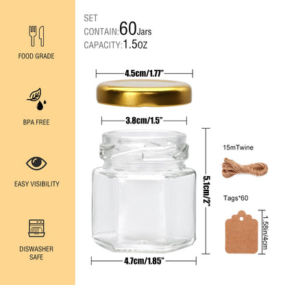 Encheng 60 Pack Small Glass Honey Jar with Lid, 1.5 oz Mini Mason Jars for Party Favor, Wedding Favor, Baby Shower, Hexagonal Honey Containers for Jam, Spices, Herbs, Candy, Sample, Candle, Crafts