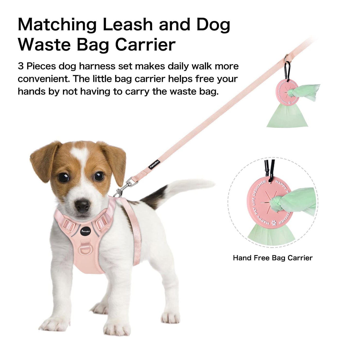 Petmolico Dog Harness for Small Dogs, Cute Harness Vest with Two Leash Clips and Soft Handle, Reflective Easy Walk Puppy Vest - Pink, Medium