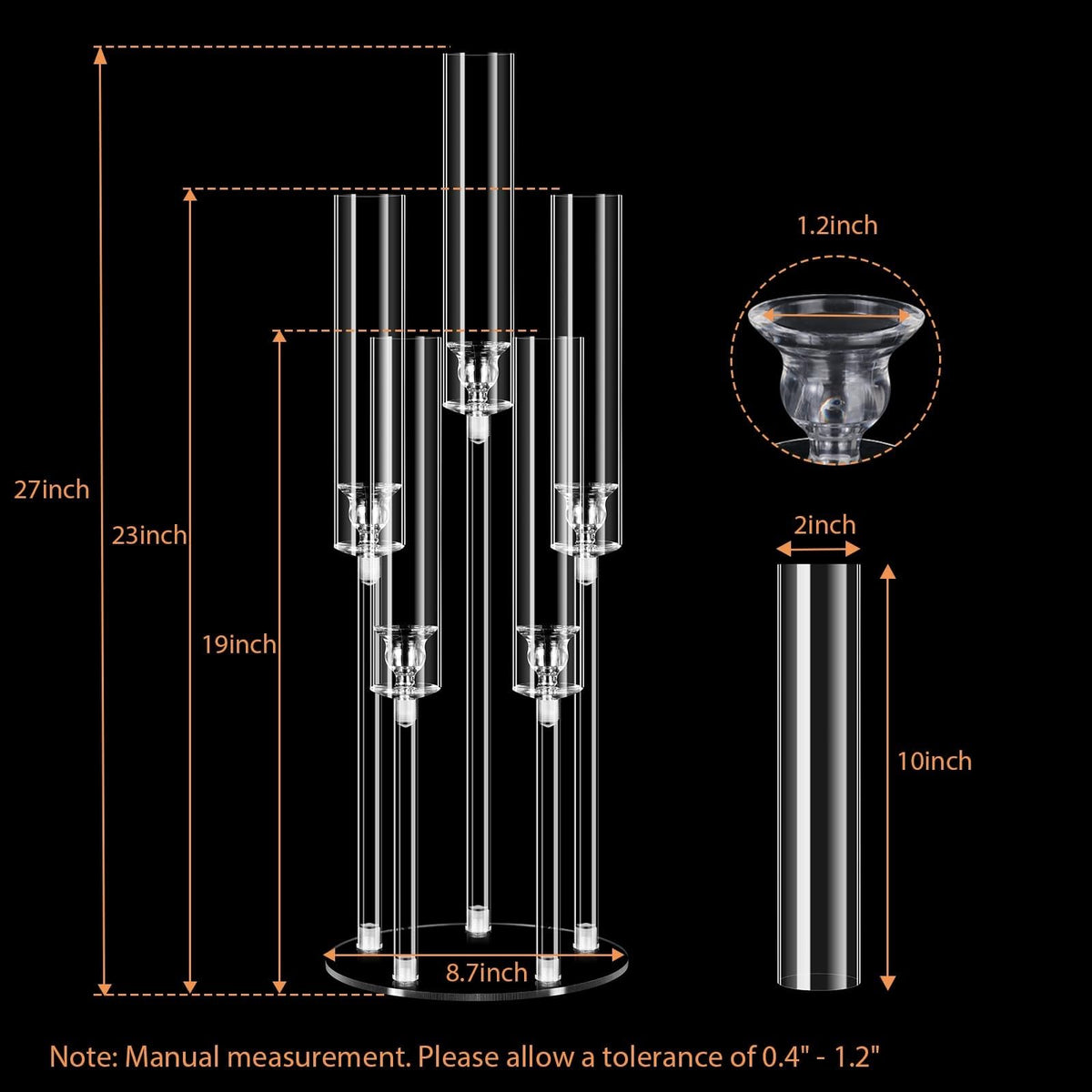 5 Arms Acrylic Candelabra Centerpieces for Tables, Clear Candle Holder for Halloween Christmas Wedding Party Decor, 27" Tall Candlestick Holders with Lampshade, Fits LED Candle(1pcs)