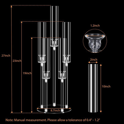 5 Arms Acrylic Candelabra Centerpieces for Tables, Clear Candle Holder for Halloween Christmas Wedding Party Decor, 27" Tall Candlestick Holders with Lampshade, Fits LED Candle(1pcs)