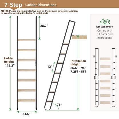 9.35FT Industrial Style Loft Ladder, 7 Steps with Black Steel Handrails & Solid Wood Steps, 450lbs Capacity, Fits 7.2-8FT Installation Height, for Attic, Kitchen, Warehouse, Bookshelf& Outdoor