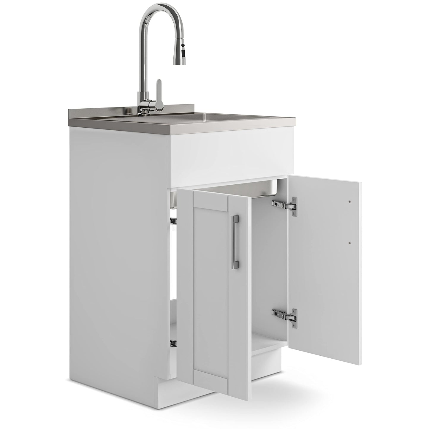 SIMPLIHOME Modern Wide Shaker All-in-One 24 inch Wide Utility Sink and Laundry Cabinet in Pure White Finish, Transitional Stainless Steel Sink Cabinet for Laundry Rooms with High-Arch Chrome Faucet