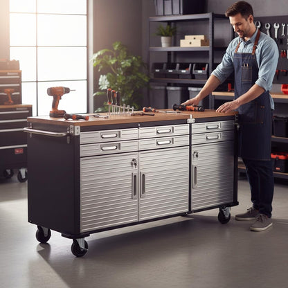 Heavy Duty 6-Drawer Rolling Work Center with Wood Top, Mobile Workbench with Storage, Steel Construction, 75.6" W x 20" D x 37.5" H, Tools Organized Station.