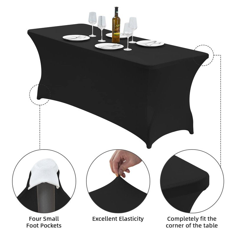 CWK 6FT 2Pcs Stretch Spandex Table Cover for Rectangular Tables - Elastic Fitted Tablecloth for Folding Tables, Wrinkle Resistant, Durable Table Protector for Parties,Weddings,Banquets &Events (Black)