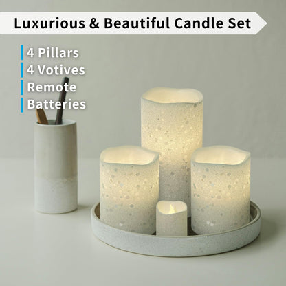 FURORA LIGHTING White Glitter Flameless Candles - Real Wax, Adjustable Brightness, Remote & Timer - 4 Pillars (3x4, 3x6) and 4 Votives, 8-Pack, Battery Operated